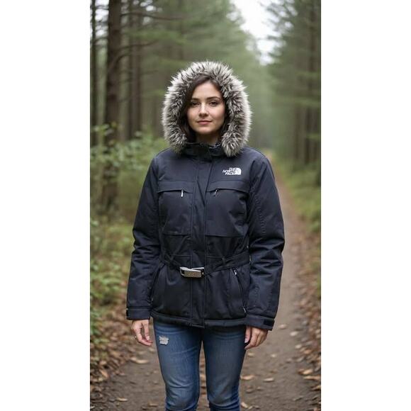 The North Face Belted Coat Goose Down Parka Jacket Women Sz S Black Hyvent - Picture 3 of 14